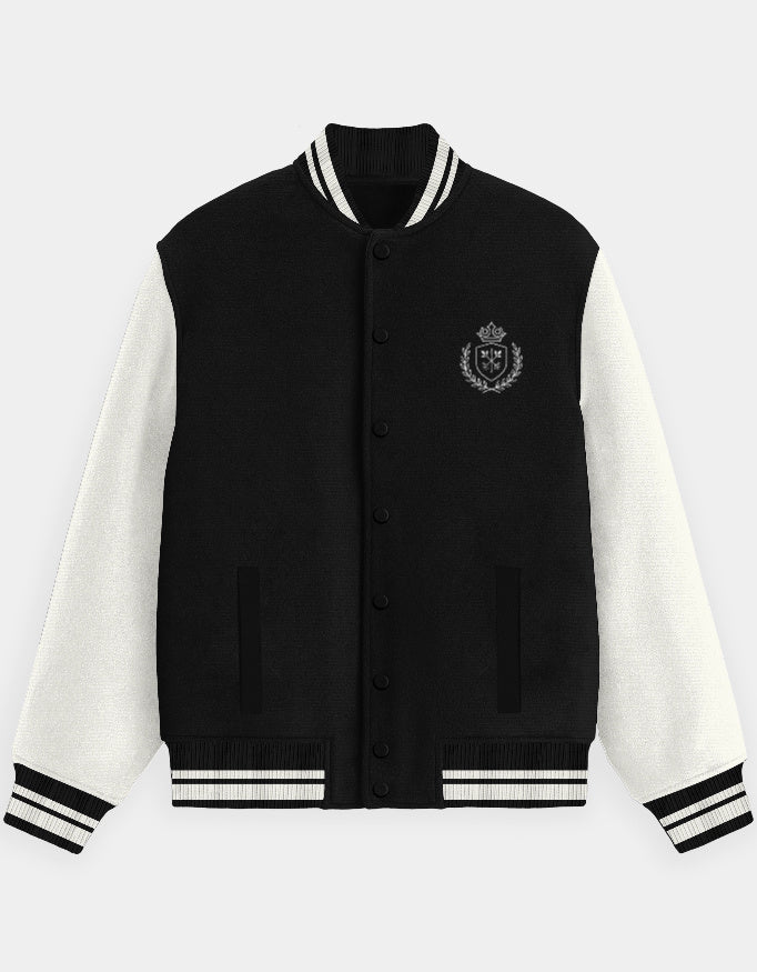 Black and white CozyVora varsity jacket with a crest on a light gray background 