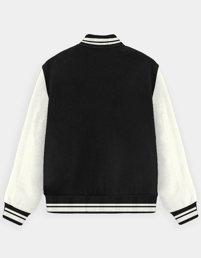 Black and white CozyVora varsity jacket on a light gray background