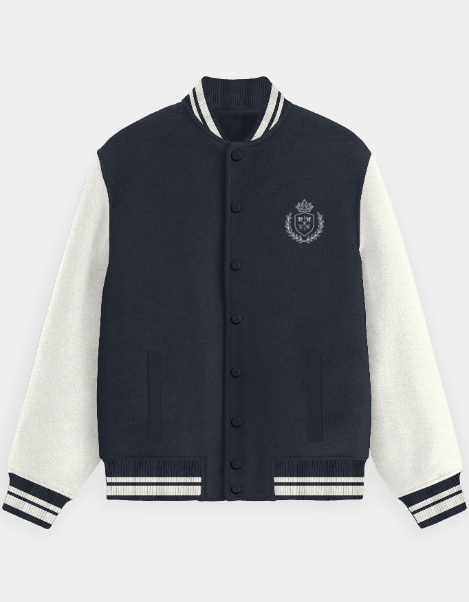 Navy and white CozyVora varsity jacket with a crest on a light gray background
