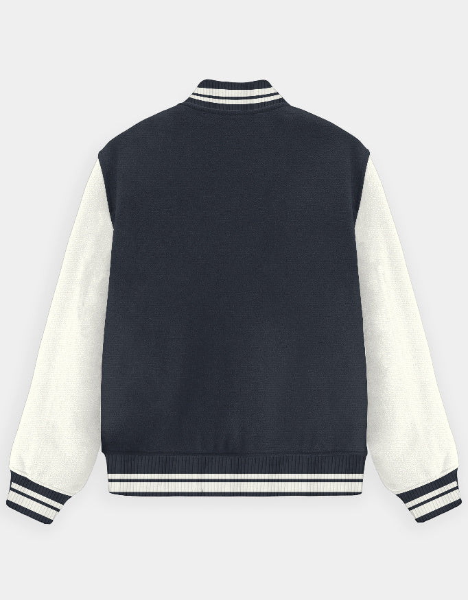 Navy and white CozyVora varsity jacket on a light gray background