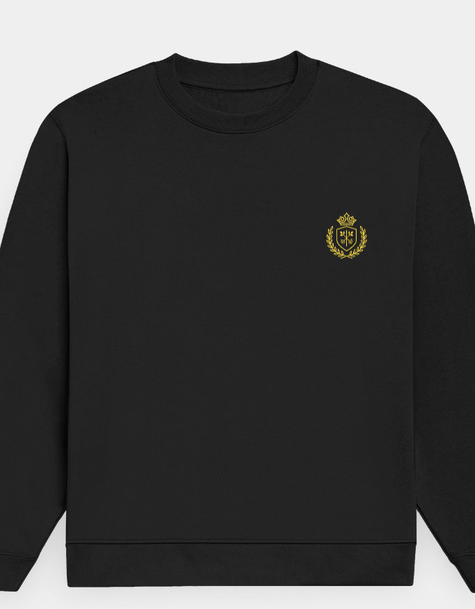 Black sweatshirt with a gold emblem on a white background
The_Crestweight_Sweatshirt Black