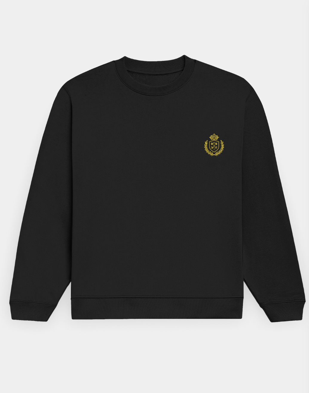 Black sweatshirt with a gold emblem on a white background
The Crestweight Sweatshirt