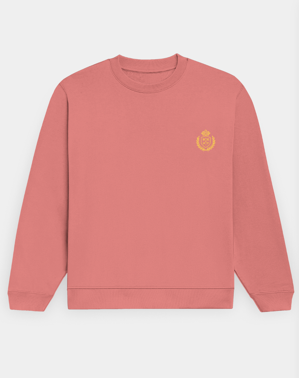 Coral sweatshirt with a yellow emblem on a white background
The Crestweight Sweatshirt Coral