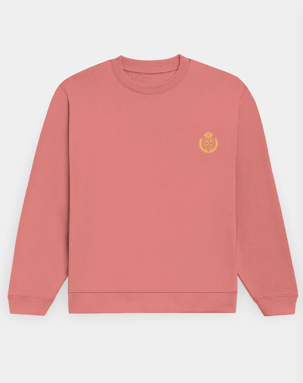 Coral sweatshirt with a yellow emblem on a white background
The Crestweight Sweatshirt Coral