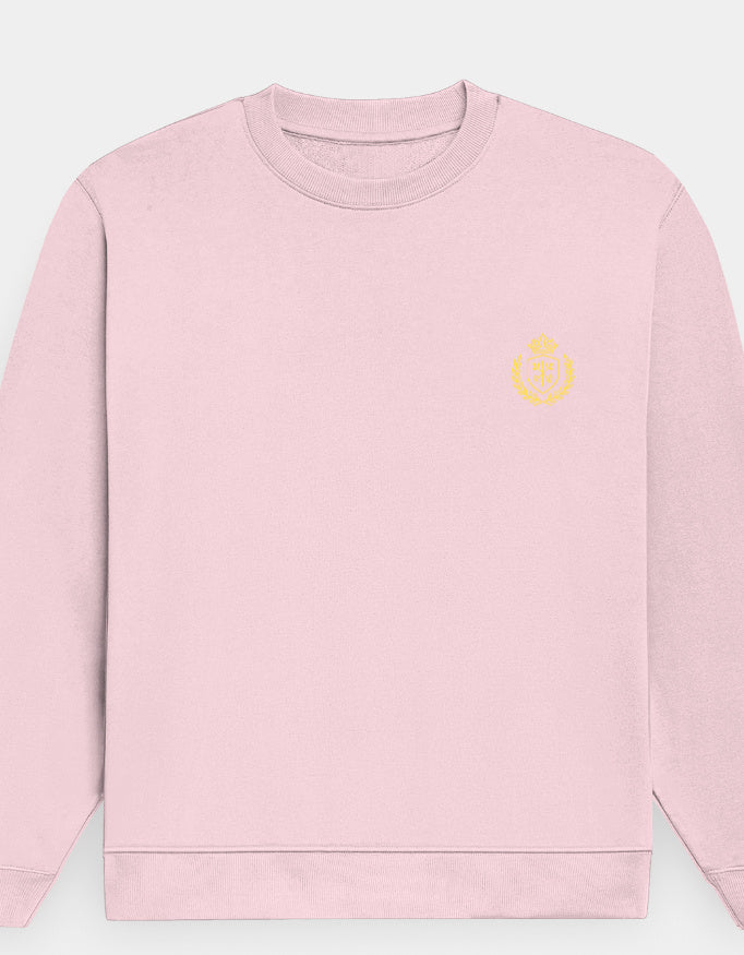 Pink sweatshirt with a yellow logo on a white background
The Crestweight Sweatshirt Light Baby Pink