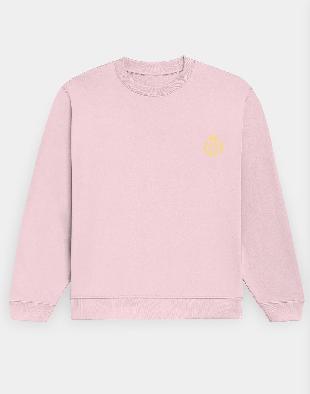 Pink sweatshirt with a yellow logo on a white background
The Crestweight Sweatshirt Light Baby Pink