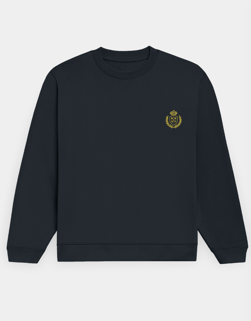 Black sweatshirt with a gold emblem on a white background
The_Crestweight_Sweatshirt Navy Blue