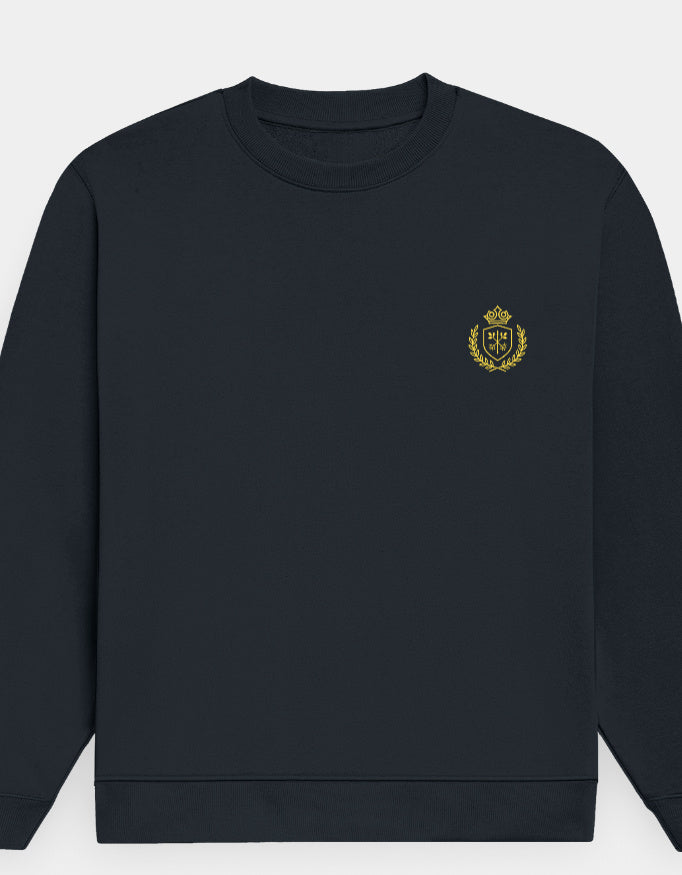 Black sweatshirt with a gold emblem on a white background
The_Crestweight_Sweatshirt Navy Blue