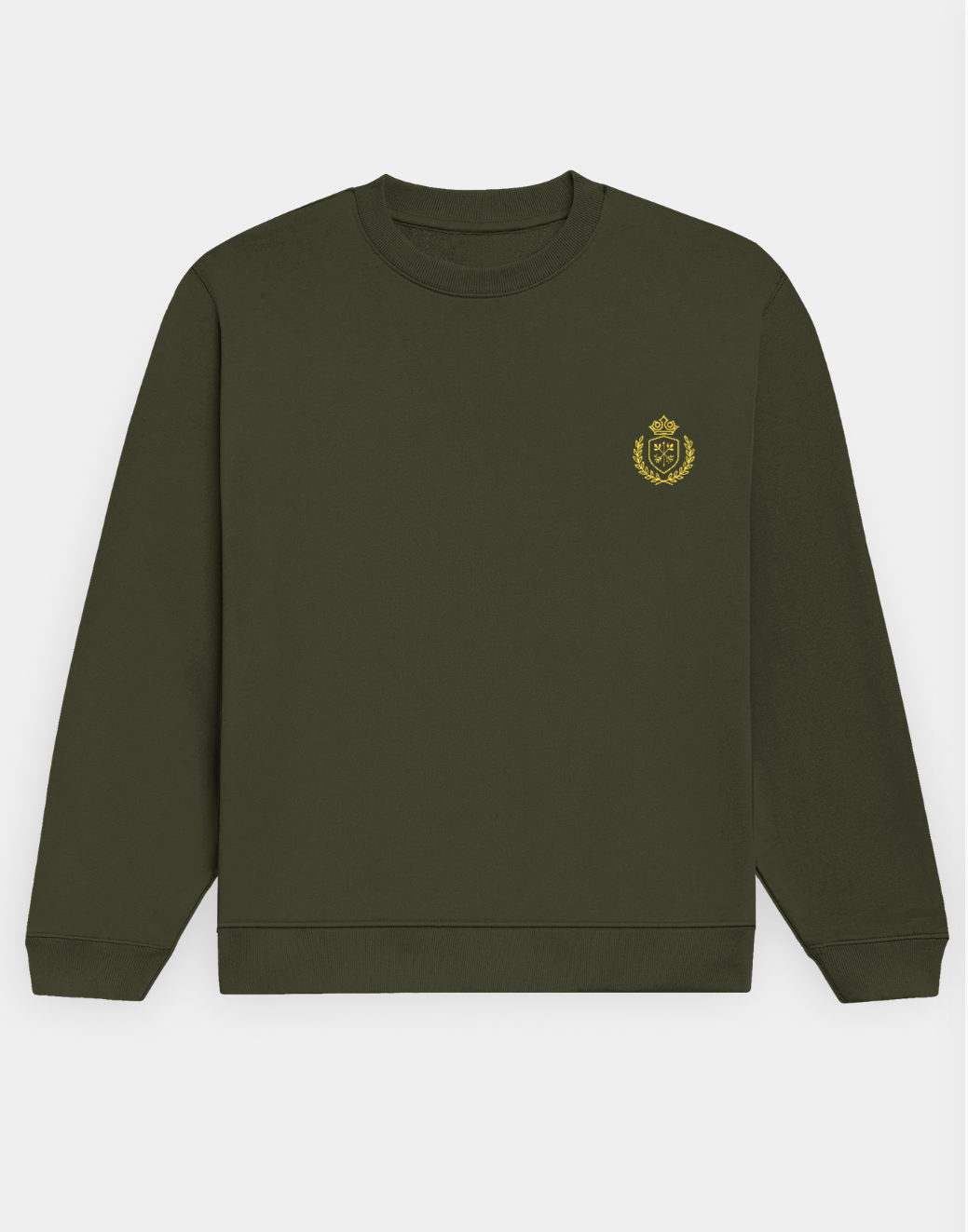 olive Green sweatshirt with a gold emblem on a white background
The Crestweight Sweatshirt Olive green
