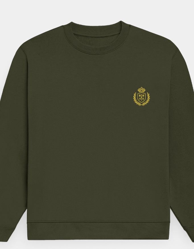 Olive Green sweatshirt with a gold emblem on a white background
The Crestweight Sweatshirt Olive green