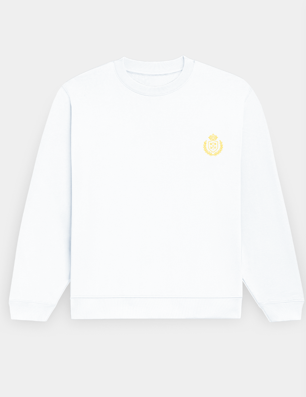 White sweatshirt with a yellow logo on a white background
The_Crestweight_Sweatshirt White