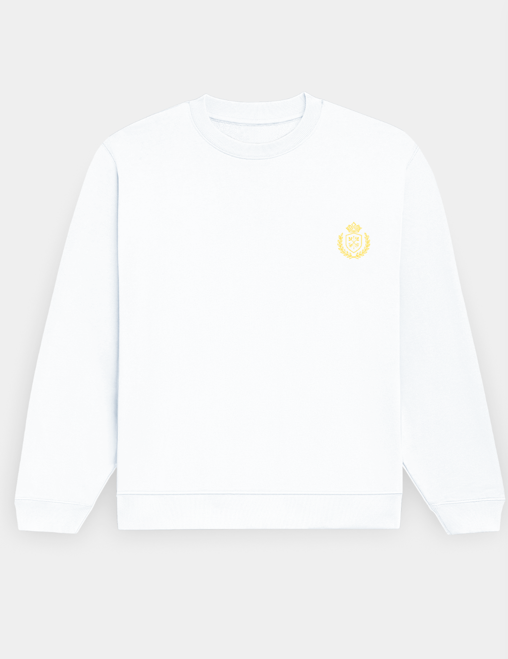 White sweatshirt with a yellow logo on a white background
The_Crestweight_Sweatshirt White