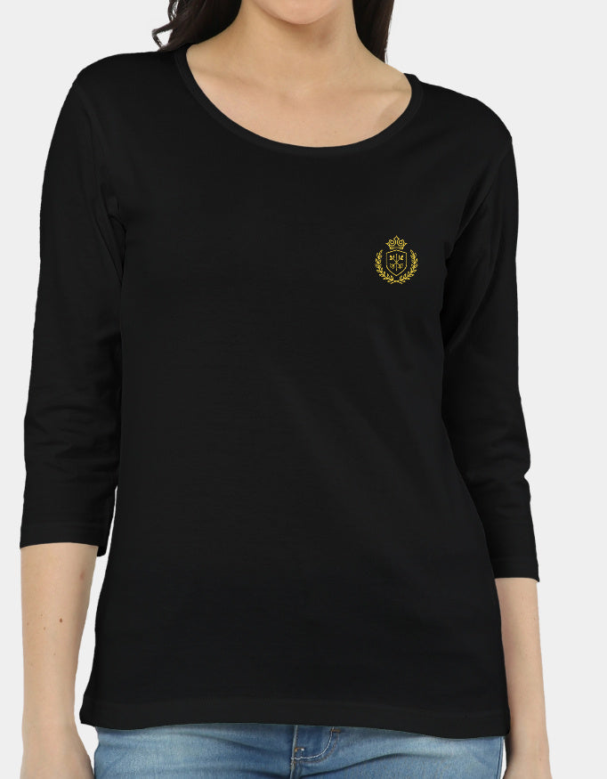 Black long-sleeve shirt with a gold emblem on a white background