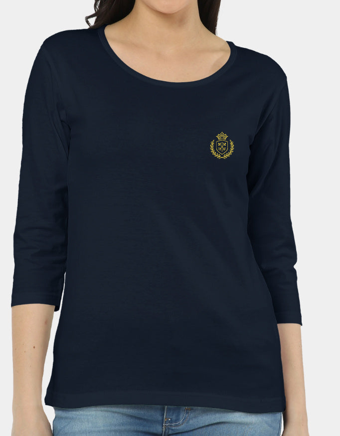 Navy blue long-sleeve shirt with a gold emblem on a white background
