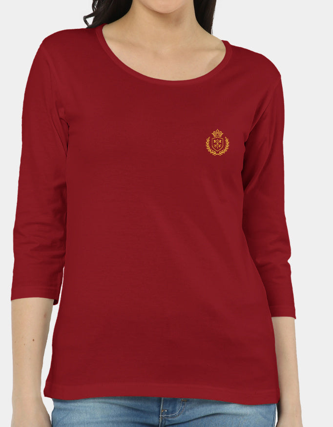 Red long-sleeve shirt with a logo on a plain background
