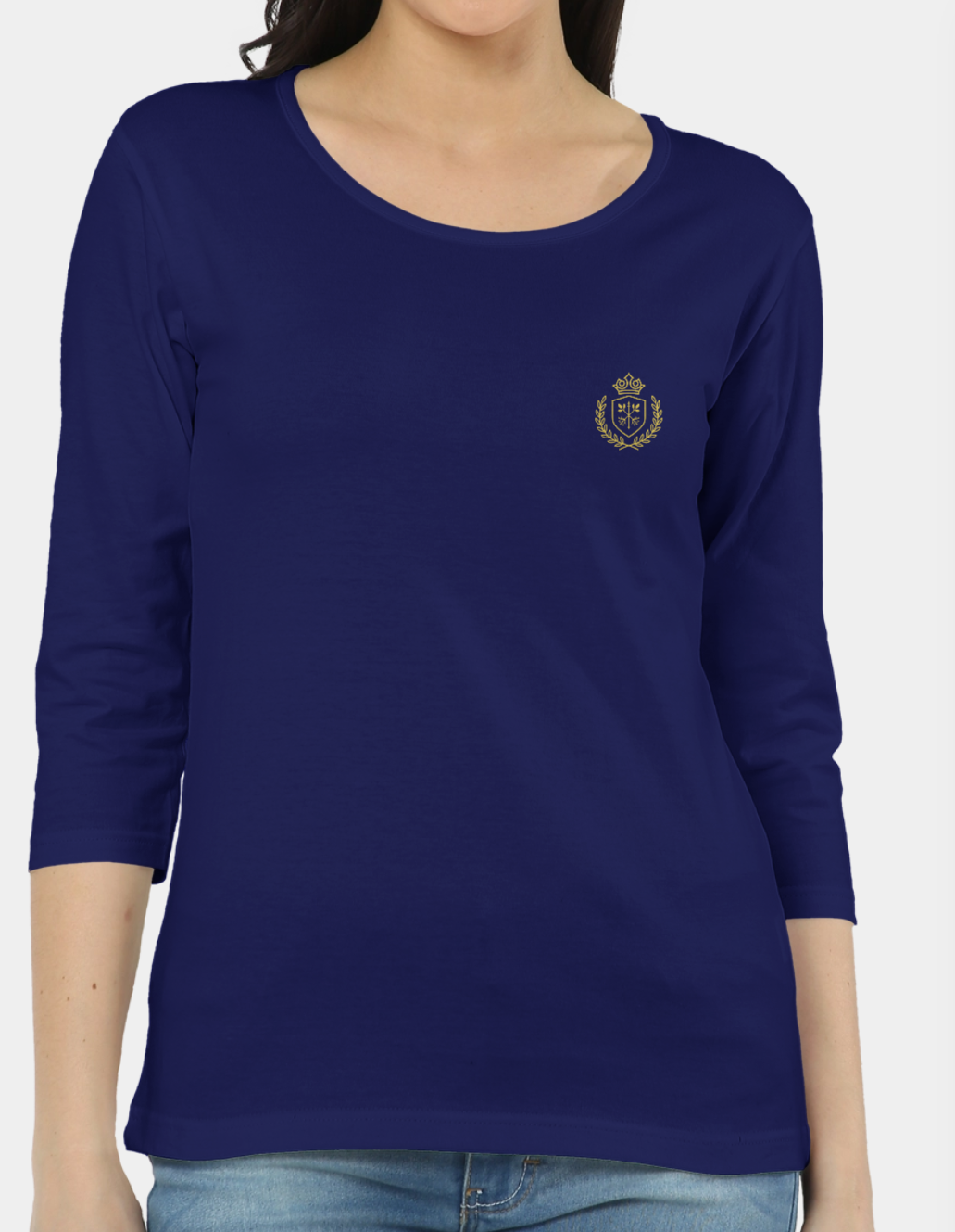 Navy blue long-sleeve shirt with a logo on the chest against a white background
The Linea Tee