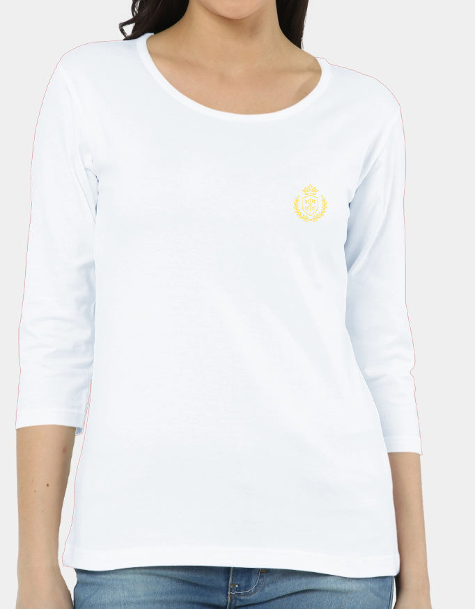 White long-sleeve shirt with a yellow logo worn by a person on a white background