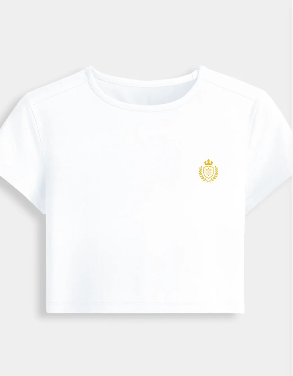 White t-shirt with a small yellow logo on a white background
Premium stretch cotton fabric of CozyVora baby tee – soft-touch cropped t-shirt for women in neutral tones