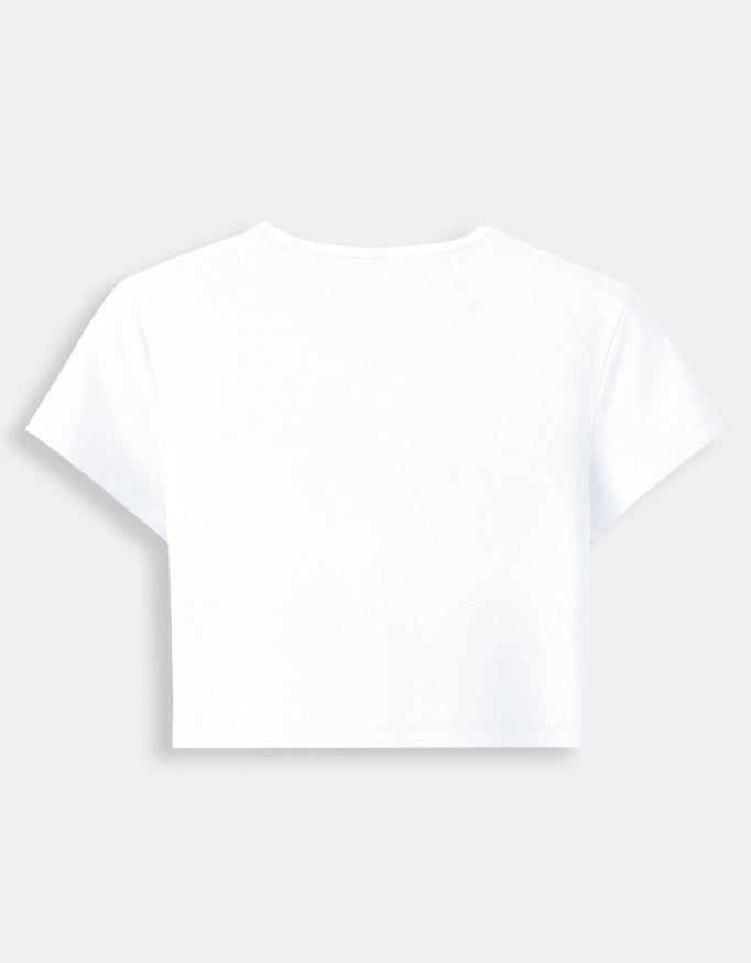 Plain white t-shirt on a light gray background
Premium stretch cotton fabric of CozyVora baby tee – soft-touch cropped t-shirt for women in neutral tones