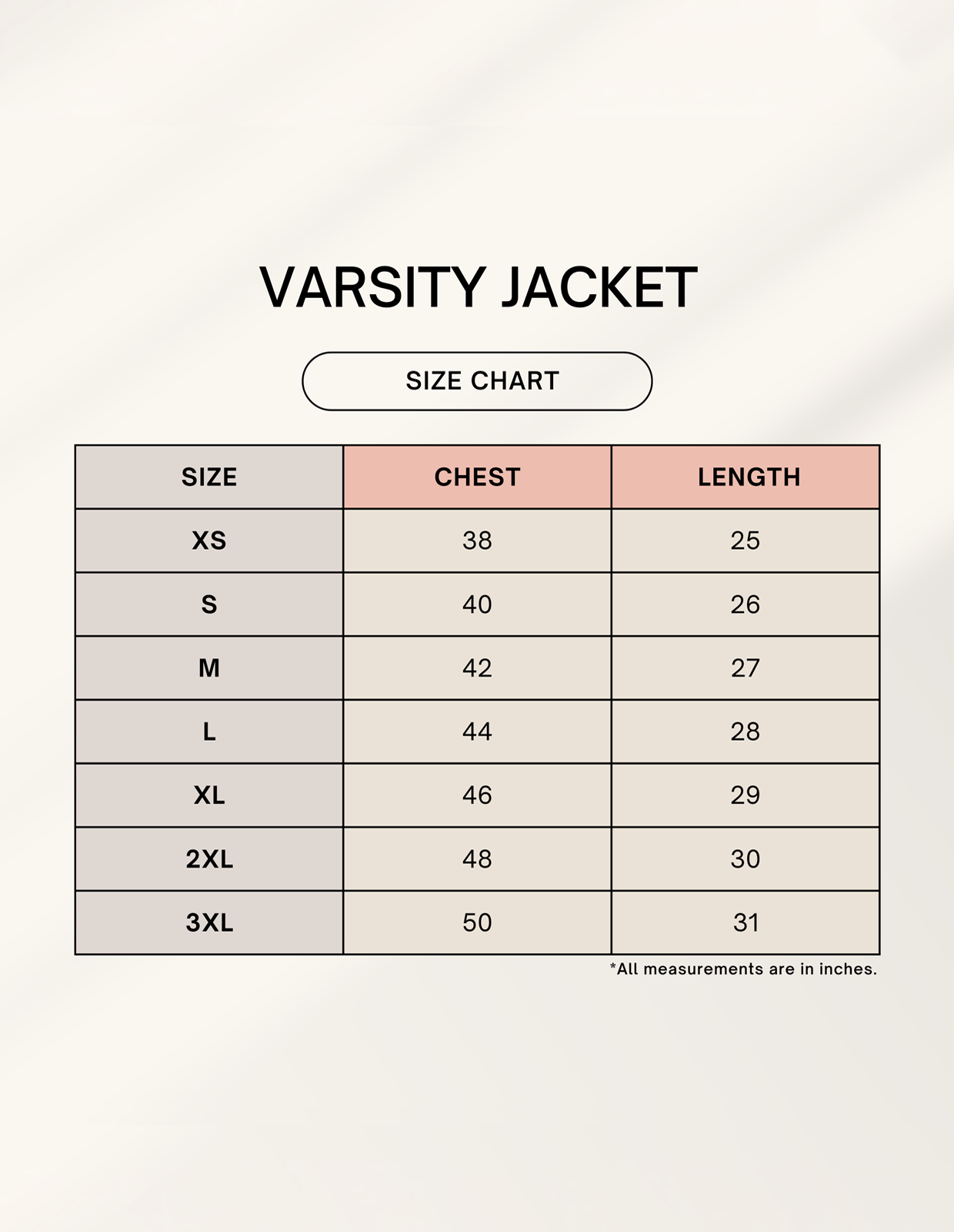 Size Chart
The Crestline Varsity Jacket — CozyVora