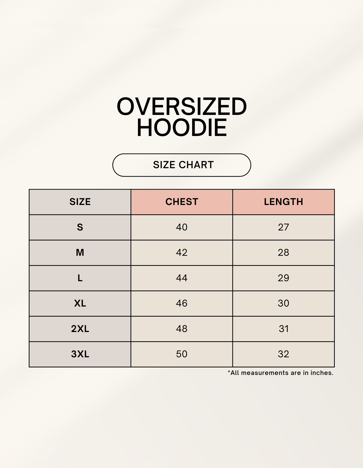 Size Chart of Monolith oversized hoodie from CozyVora - 400 GSM