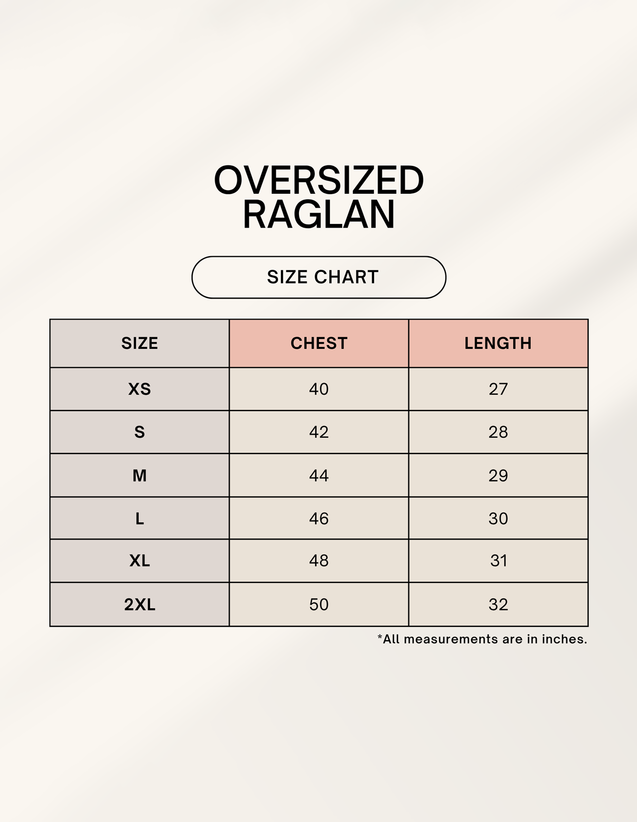 Easton Oversized Raglan T-shirt from CozyVora... Size Chart