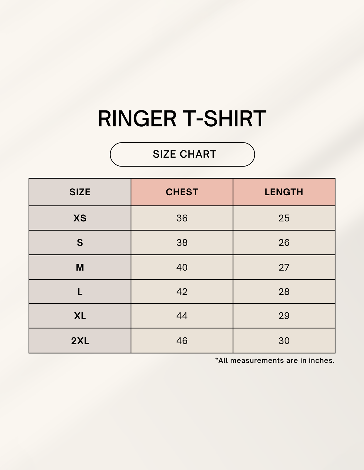 Size Chart of Northfield Ringer T-shirt from CozyVora