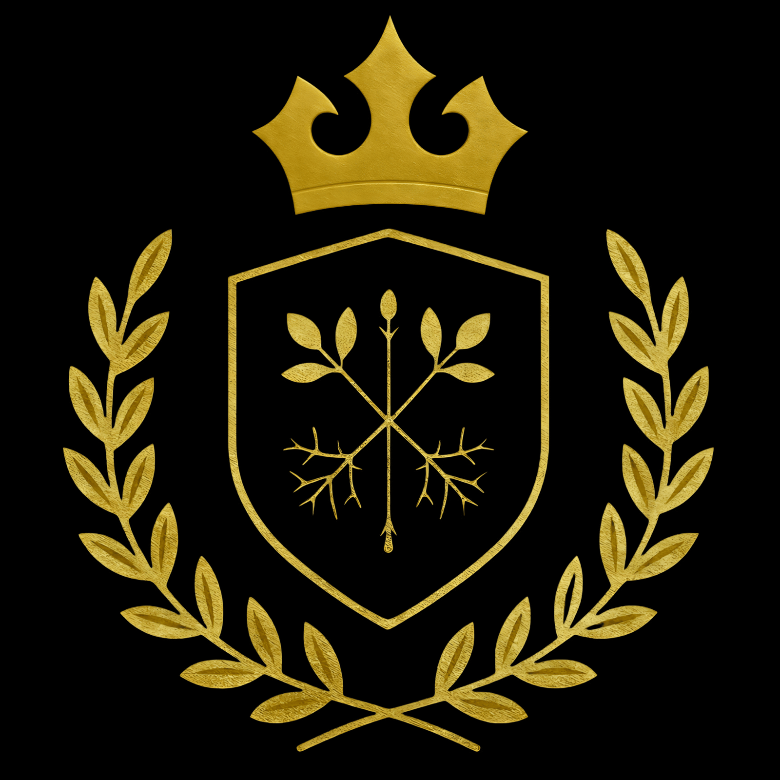 The official CozyVora brand insignia rendered in textured gold foil against a deep black background. A heraldic shield featuring a botanical dual-nature motif is flanked by a golden laurel wreath and surmounted by a three-pointed royal crown.